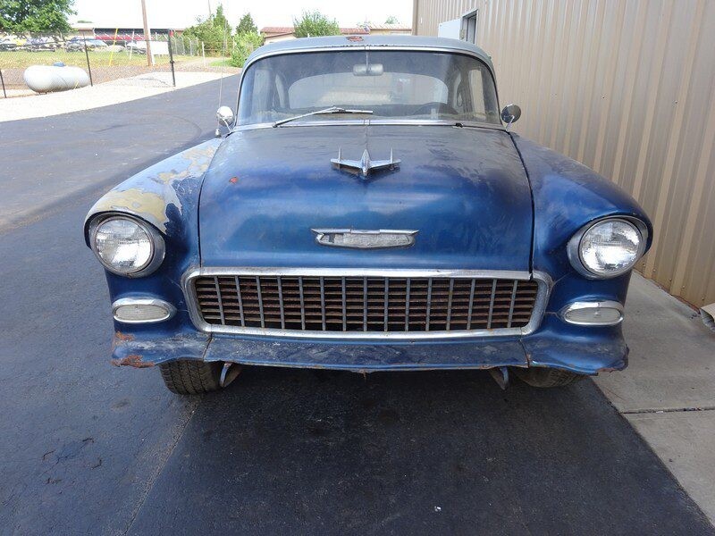Blue 1955 Chevy, front view.