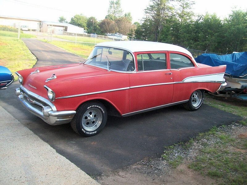Red and white 1957 Chevy Bel Air.