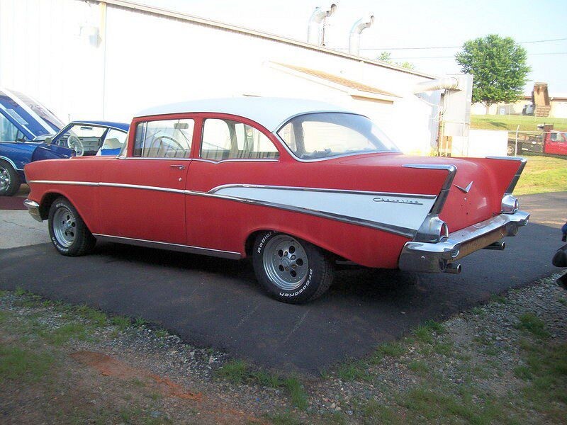 Red and white 1957 Chevy Bel Air.