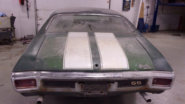 Dusty green Chevrolet Chevelle SS rear.