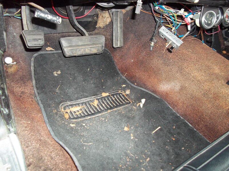 Dirty car floor mat with pedals.