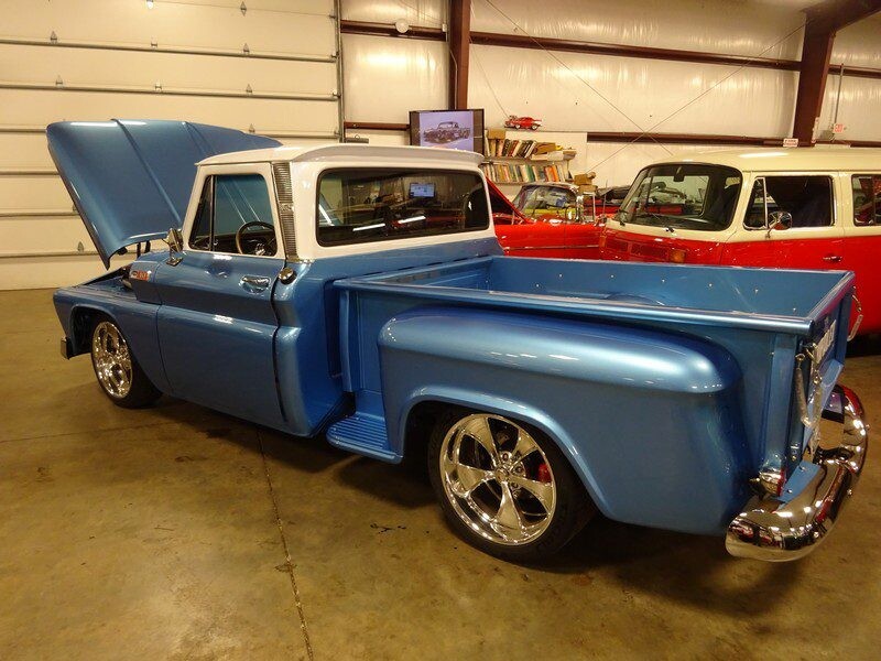 Restored blue classic Chevrolet pickup truck.