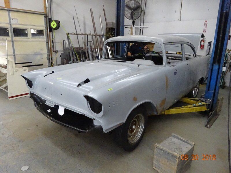 Grey 1957 Chevy Bel Air restoration.
