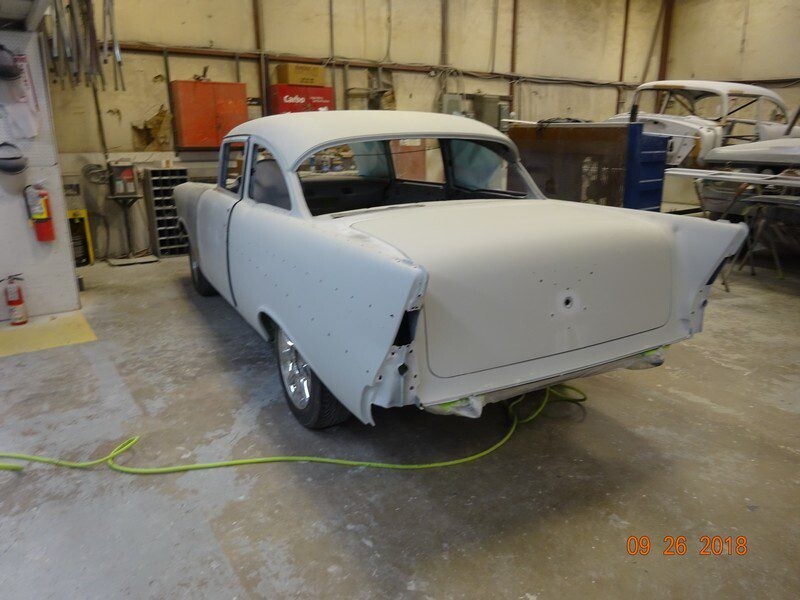 Primered 1955 Chevy Bel Air restoration.
