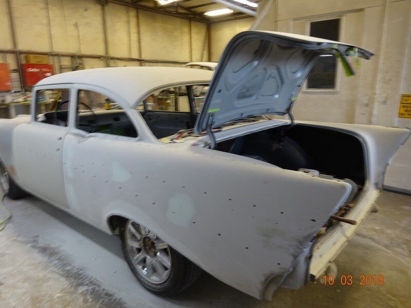 Grey 1957 Chevy Bel Air restoration.
