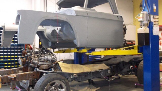 Classic truck body restoration in progress.