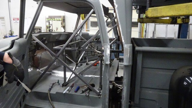 Custom truck cab interior roll cage.