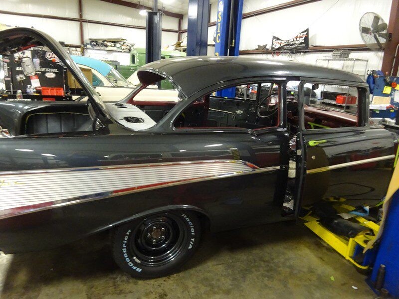 Dark gray 1957 Chevy Bel Air restoration.