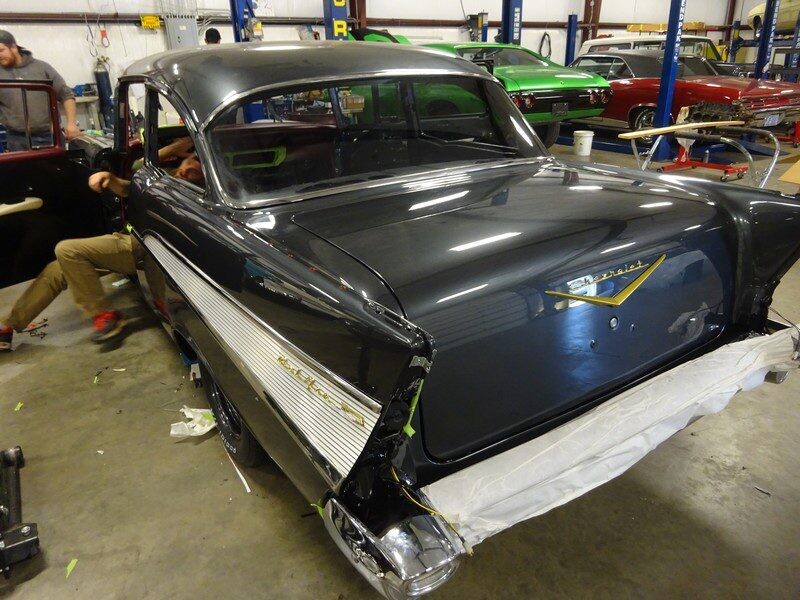 Dark gray 1957 Chevrolet Bel Air restoration.