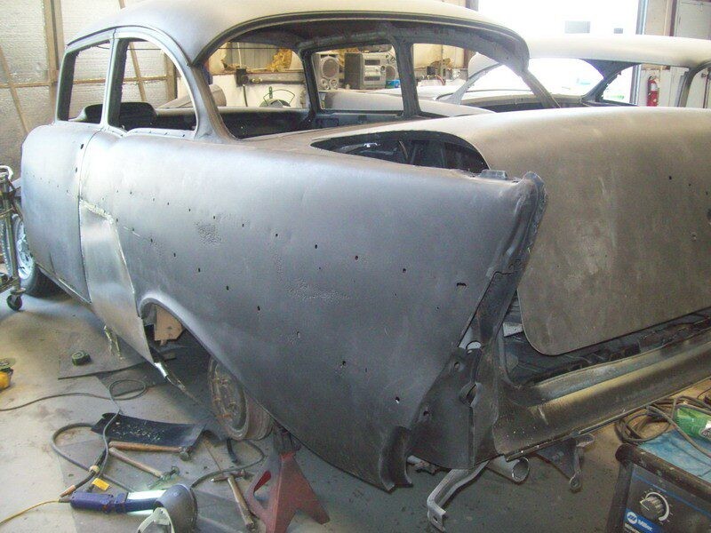 Grey 1955 Chevy body restoration.