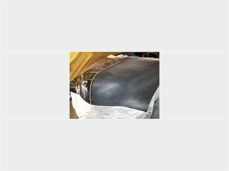 Here's an alt tag for the image: Black car hood, pinstripe detail.