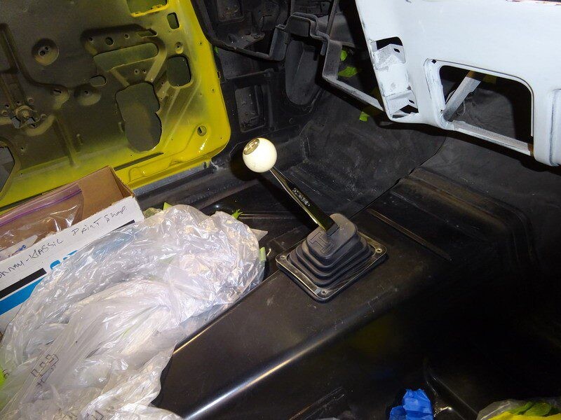 Car's interior, gear shift, under construction.