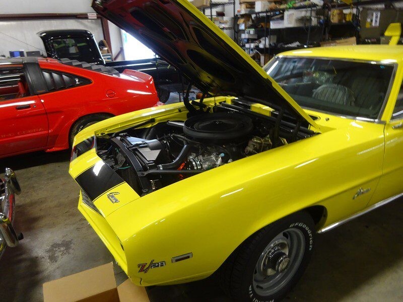 Yellow Camaro Z28 engine detail.