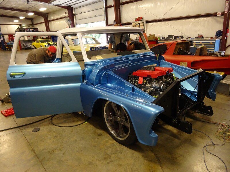 Blue classic truck engine installation.