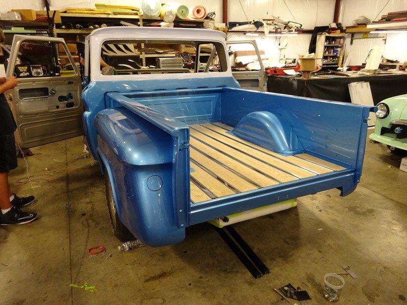 Blue classic truck bed restoration.