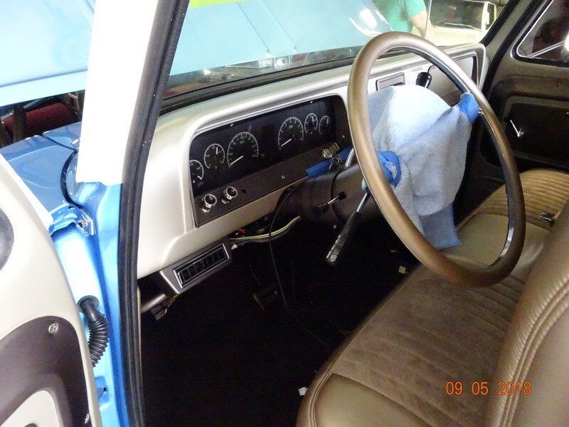 Classic truck interior, custom steering wheel.