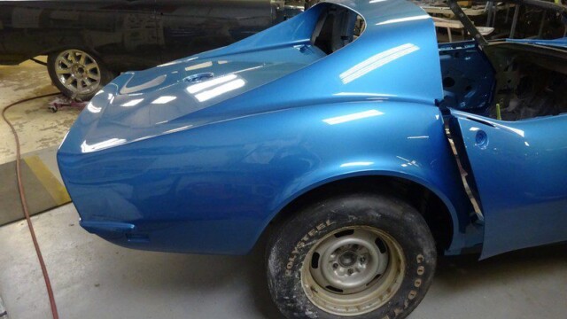 Blue Corvette rear quarter panel in progress.