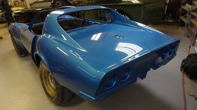 Blue Corvette restoration in progress.