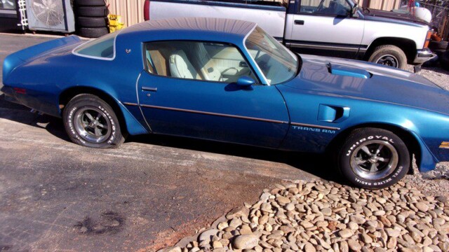 Blue Pontiac Trans Am muscle car.