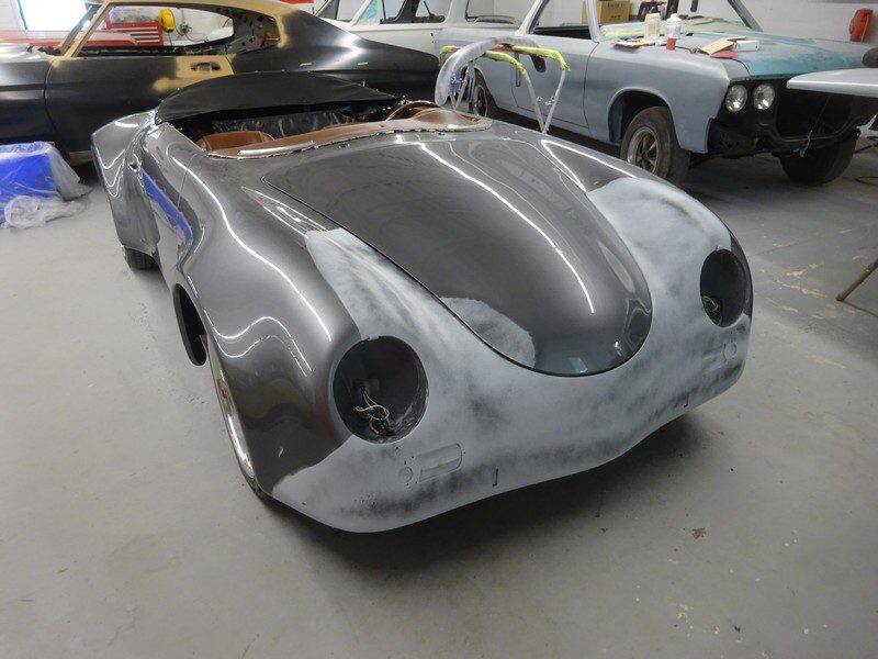 Gray Porsche 356 custom car bodywork.