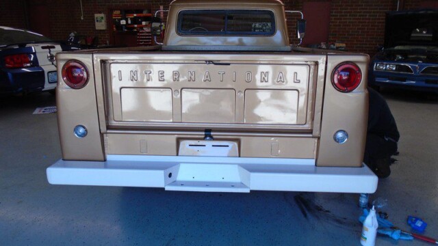 Rear view of a vintage International Harvester truck.