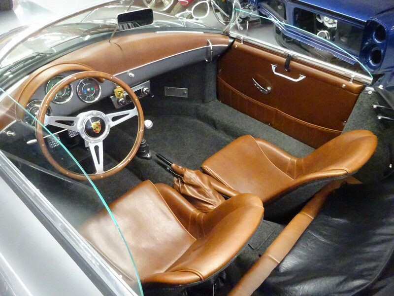 Brown leather interior of a Porsche 356.