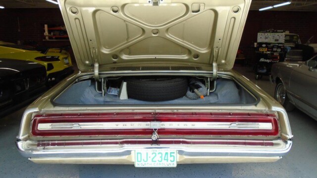 Here's an 8-word alt tag for the image: Gold Ford Thunderbird's open trunk, rear view.