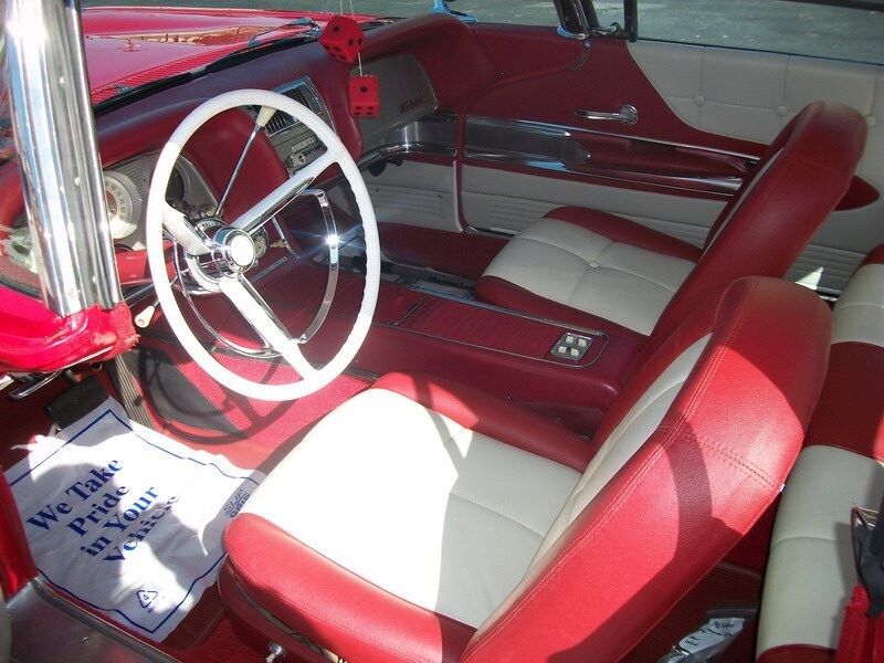 Red and white vintage car interior.