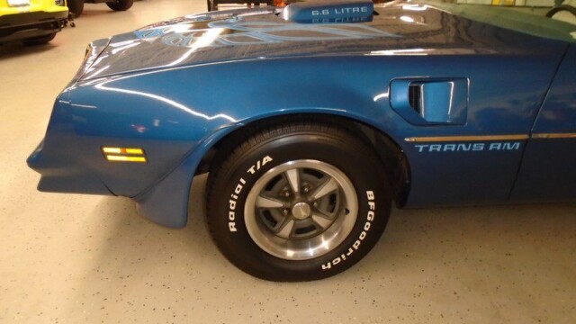 Close-up of blue Trans Am front fender