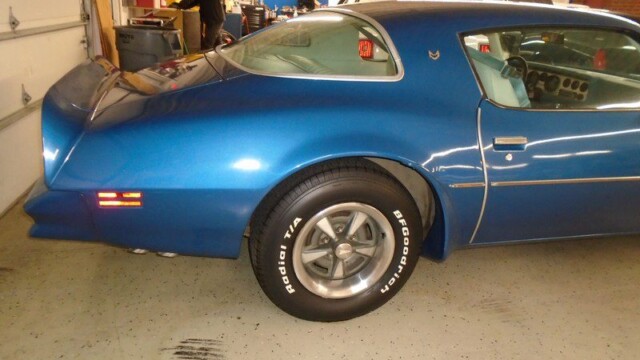 Rear quarter view of blue muscle car