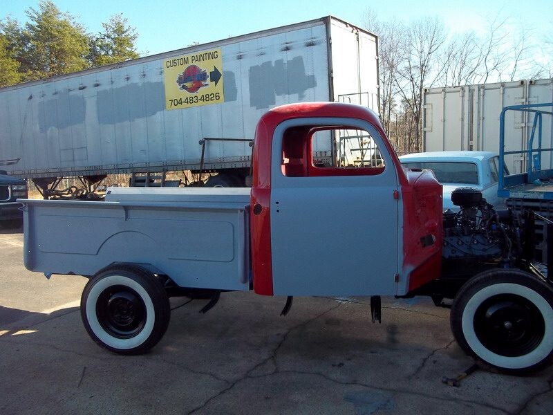 Red and gray vintage truck restoration.