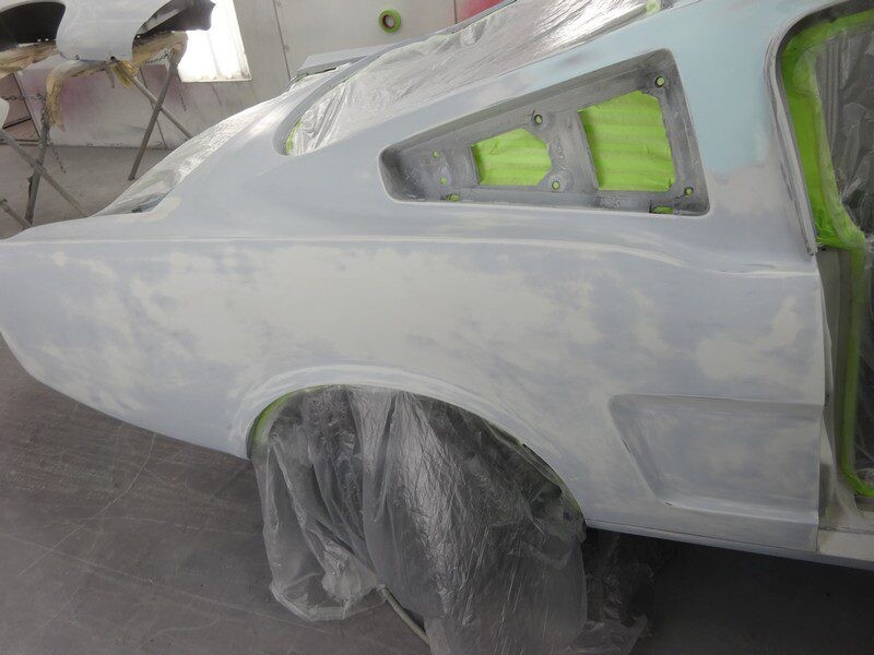 Primered classic car body panel.