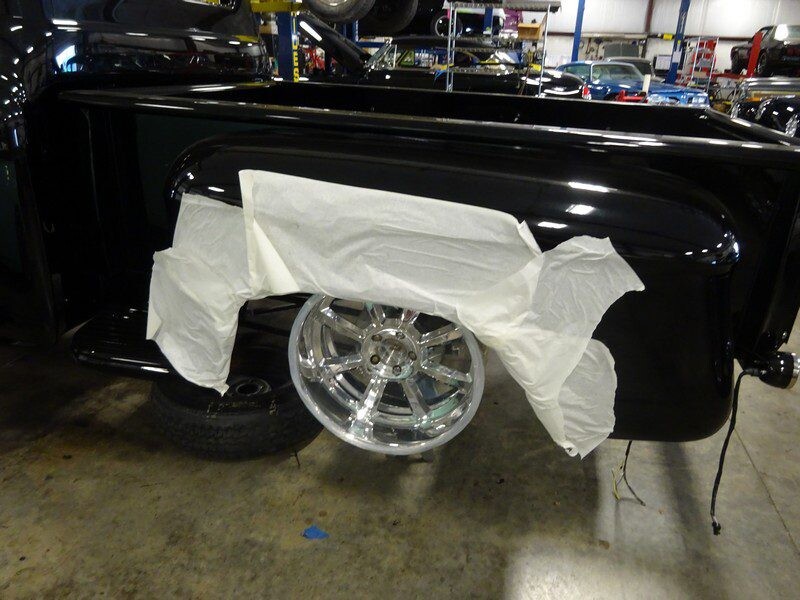 Black custom truck, chrome wheel, paint masking.