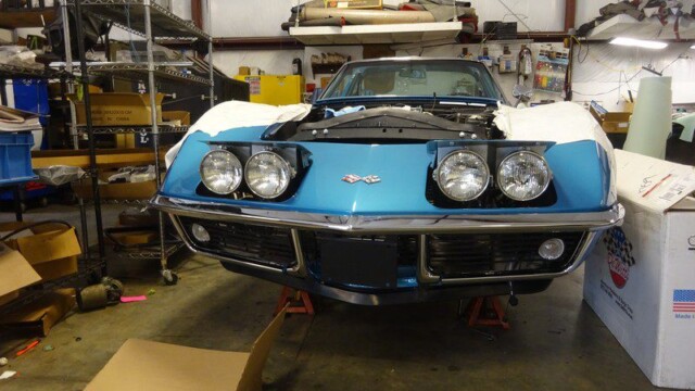 Blue Corvette restoration in progress.