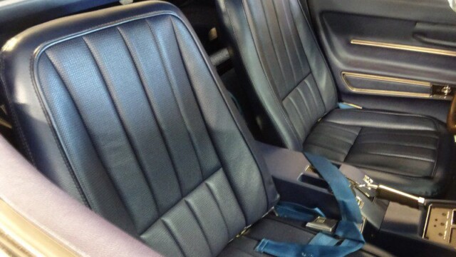Blue Corvette interior seats and seatbelts.