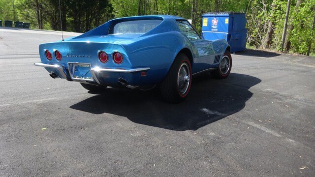 Blue Corvette Stingray parked outdoors.
