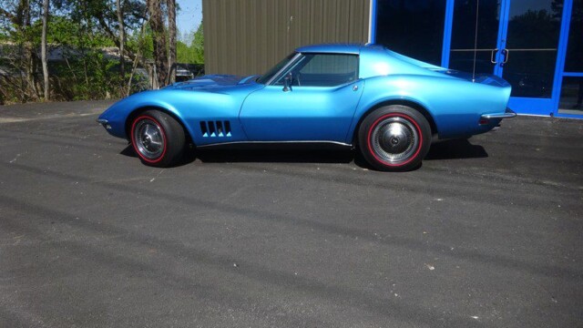 Blue vintage Corvette, side view.