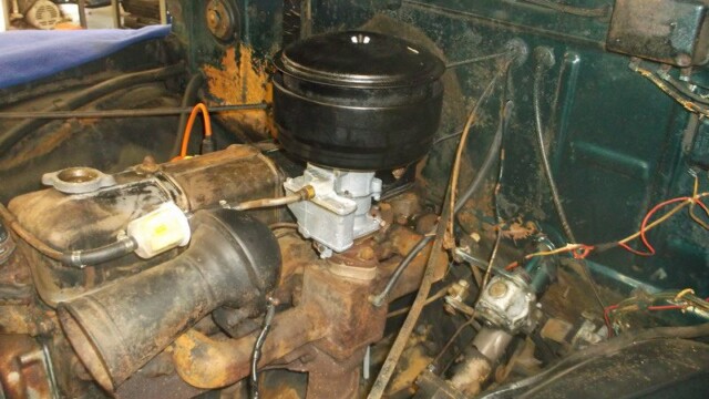 Rusty vintage truck engine bay.