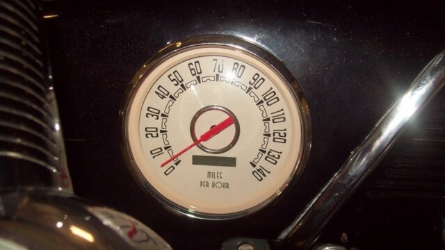Classic car speedometer showing zero mph.