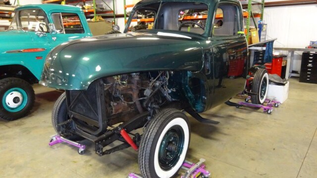 Green vintage truck restoration project.