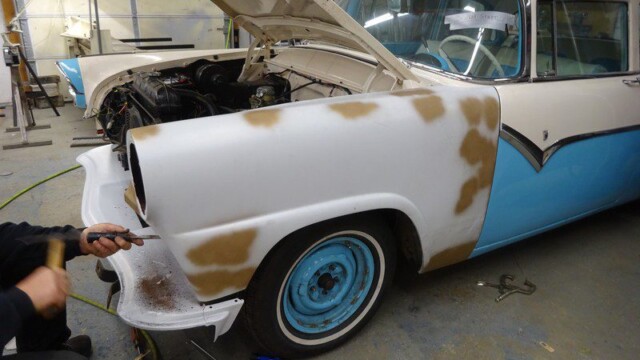 Classic car restoration, bodywork in progress.