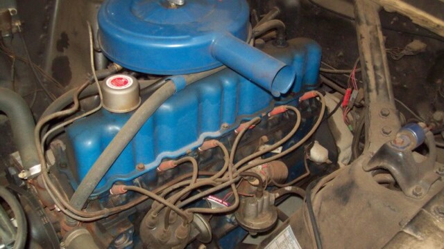 Ford Mustang engine bay, vintage car.