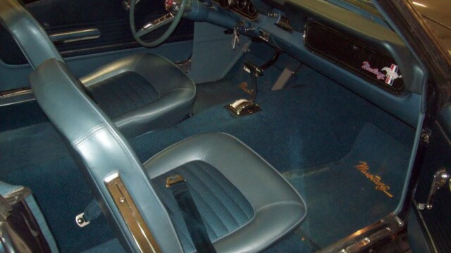 Classic Mustang interior, blue seats.