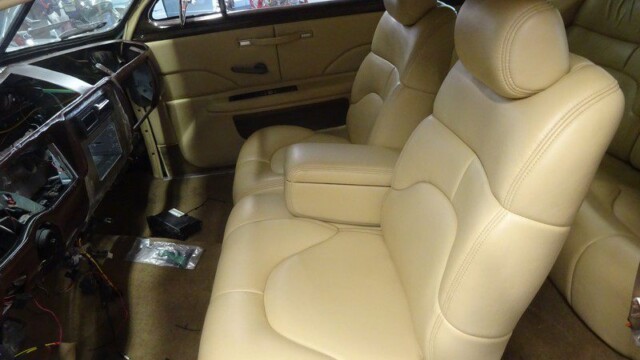 Beige leather interior of classic car.