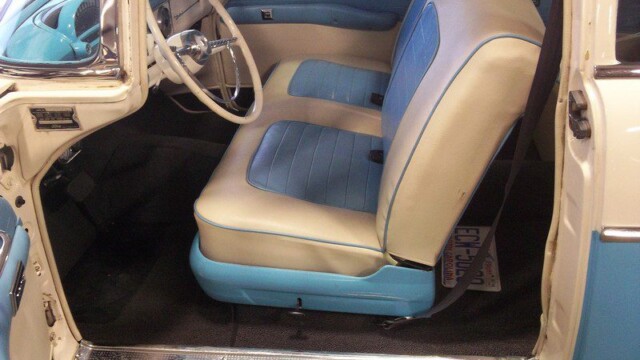 1956 Ford Fairlane interior, blue and white.