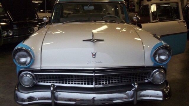 Vintage white and blue Ford Fairlane.