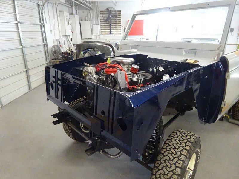 Bronco chassis with engine installed, no hood