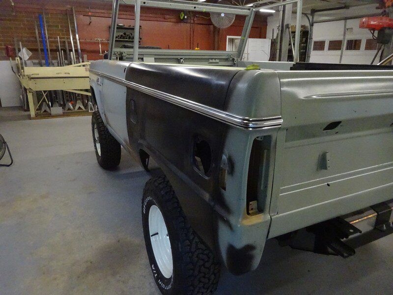 Gray Ford Bronco body restoration.