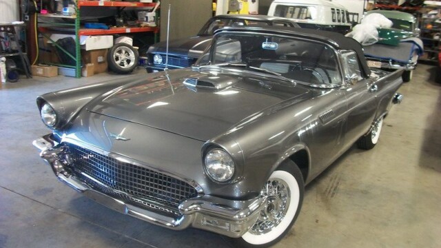 Gray 1957 Ford Thunderbird convertible.