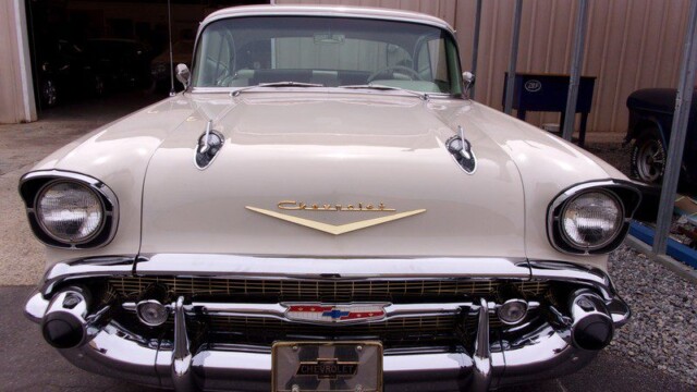 Cream 1957 Chevy Bel Air classic car.